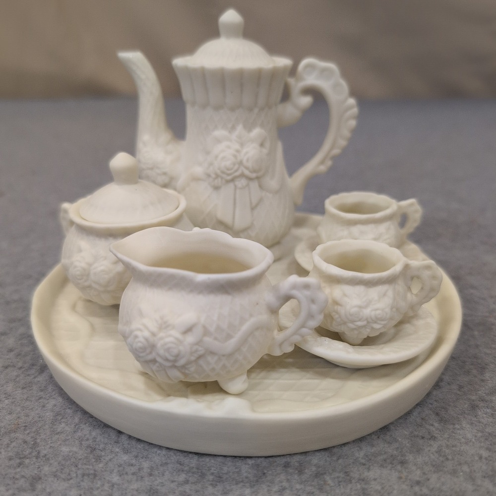 Albert E Price Miniature Porcelain Tea Set White Floral Relief 10 Piece Set -